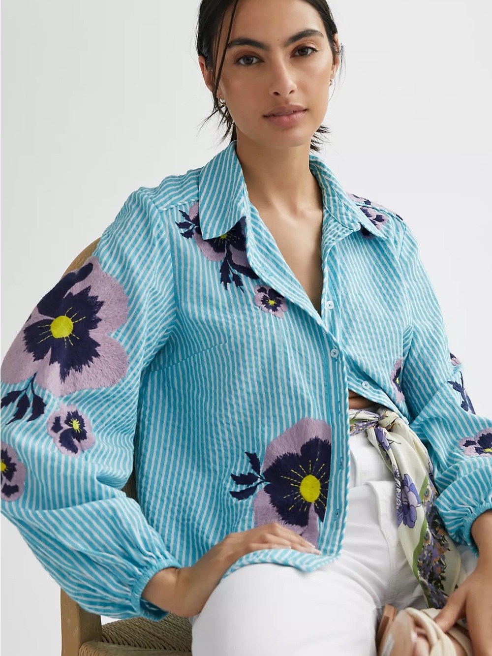 Anthropologie Striped Turquoise Stitched Floral Button-Up Blouse